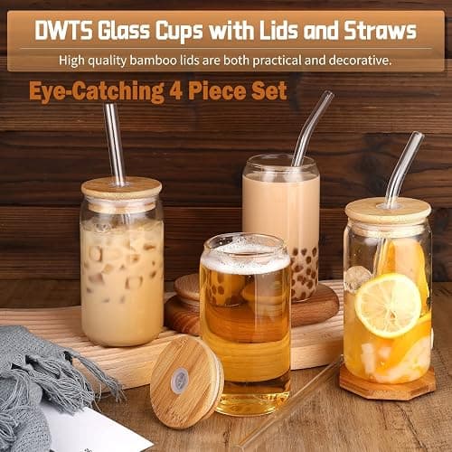 DWTS DANWEITESI Glass Cups with Lids and Straws 4 pcs,16oz Drinking Glasses Set for Coffee Bar Accessories,Iced Coffee Cups with Lids,Matcha Cup Glass Tumbler Reusable for Gifts thumbnail 4