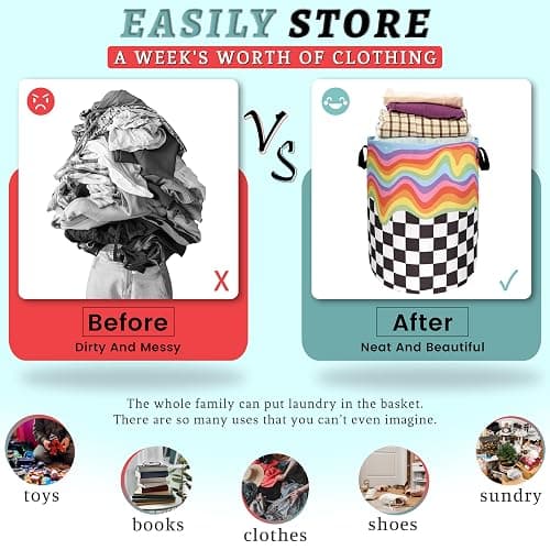 Rainbow Plaid Laundry Hamper Foldable Oxford Cloth Basket 18.9x16.5 | Colorful Laundry Basket Foldable Tote Bag Personalise Clothes Toy Storage Bucket18.9" x 16.5"For Bathroom/Laundry/Bedroom thumbnail 4