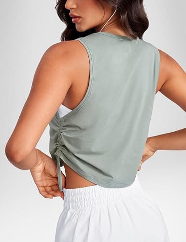 INGIA Pima Cotton Women Crew Neck Workout Cropped Tank Tops Ruched Side Sleeveless Gym Yoga Running Shirts thumbnail 2
