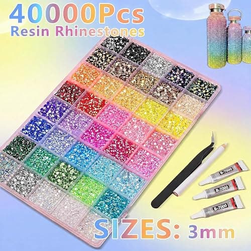 Yenamo 40 Colors Jelly Rhinestones for Bedazzling, 3mm 40000Pcs Multicolor Resin Flatback Gems for Diamond Art, Bedazzler Kit with 3Pcs 10ml B7000 Jewelry Glue for Crafting Book Shoes Nail Art thumbnail 2