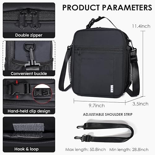 NOL Nylon Waterproof Kids Lunch Bag, Insulated Lunch Bag, Lunch box Cooler, Reusable, Zip Closure with Buckle Handle Holds Lunch Box, Snacks & Water Bottle for School Work,Black - Black - Vertical thumbnail 2