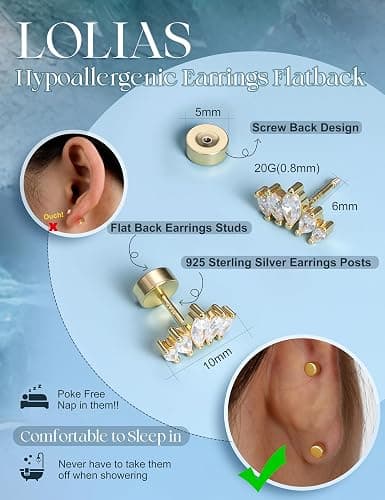 LOLIAS Hypoallergenic Cartilage Earrings for Women Flat Back-925 Sterling Silver Post Stud Flatback Earrings for Sensitive Ears-20G Ear Crawler Climber Cartilage Earring Tragus Conch Helix Piercing Jewelry thumbnail 3
