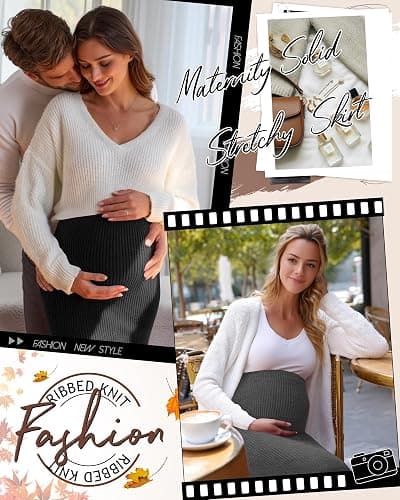 Neer 3 Pack Women's Maternity Skirts, Split Midi High Waist Ribbed Knit Solid Stretchy Pregnancy Pencil Long Skirt Clothes thumbnail 4