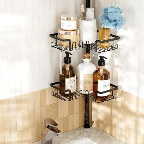 THKVESN Corner Shower Caddy Tension Pole Adjustable 29–124 Inch, 4 Tier Rustproof Shower Organizer Shelf Rack, Quick Installation Bathroom Storage Shower Caddy Corner Pole, Black thumbnail 9