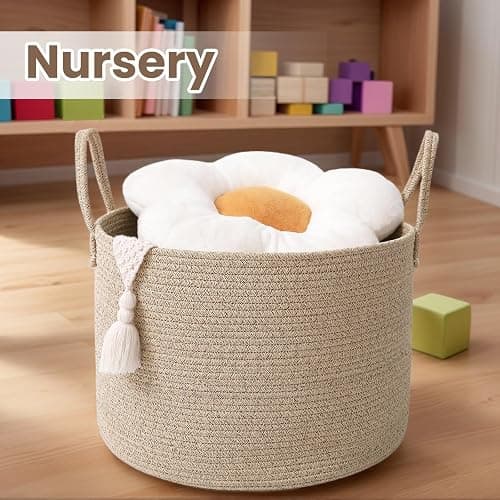 JMvicyroam Woven Blanket Basket,65L Large Rope Storage Bin with Handles, Organizer for Blankets Toys Book and Clothes, Laundry Basket for Living Room Bedroom Nursery,Oatmeal thumbnail 5