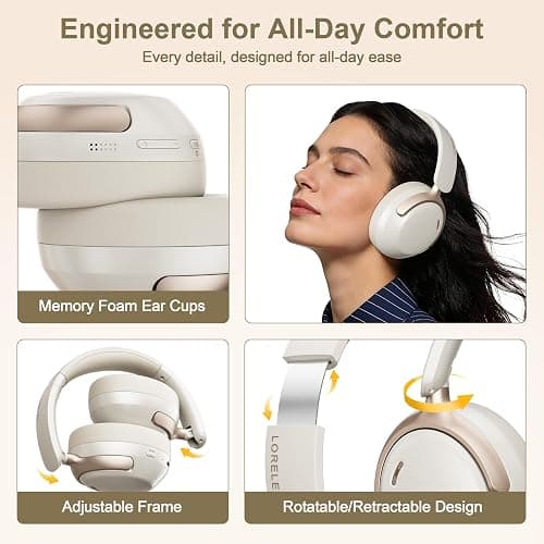 LORELEI QC30 Hybrid Active Noise Cancelling Headphones,Over-Ear Wireless Bluetooth,Beige Protein Leather, Active Noise Control & Transparency Mode,Deep Bass, Built-in Mic thumbnail 4