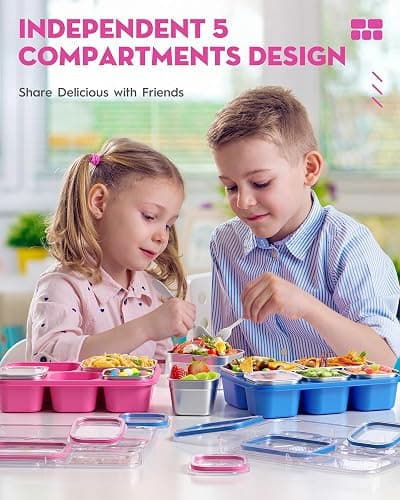 BiuLeon Snackle Box Containers, Stainless Steel 5 Compartments Divided Serving Tray with Lid, Removable LeakProof Portable Bento Box for Fruit Candy Nuts Food - School, Picnic and Travel（Pink） thumbnail 2