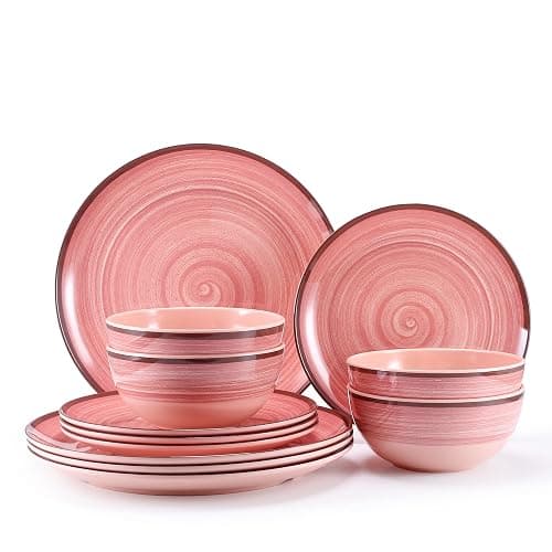 12Pcs Melamine Dinnerware Set, Plates And Bowls Sets for 4, Pink Color Dinnerware Sets, Melamine Plates Bowls Indoor and Outdoor Use Dish Set Dishwasher Safe BPA Free(Pink) - Image 1