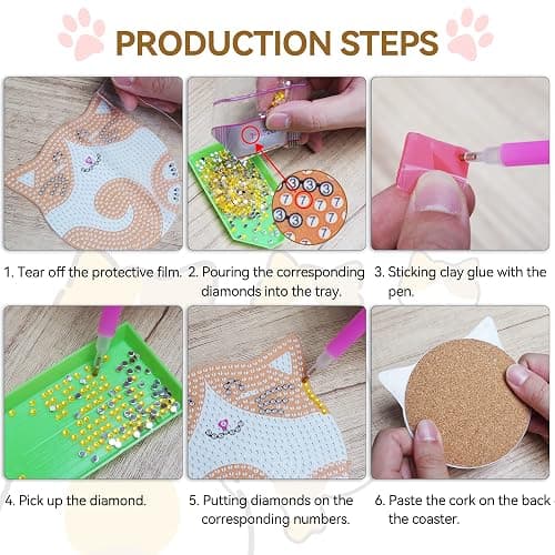 Vcekract Diamond Painting Coasters Kits, 6 Pcs Cat Diamond Art Coasters with Holder, Crafts Kits for DIY Coasters, Diamond Art Kits for Adults thumbnail 4