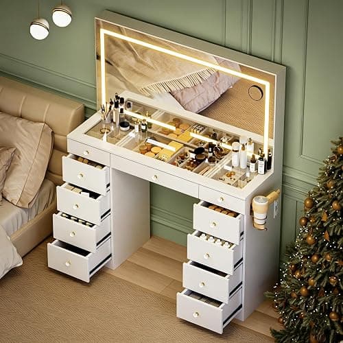 Fkhouse 11 Drawers Glass Top Vanity Desk, Crystal Handles Makeup Vanity with Mirror and Lights, Dressing Table with Power Outlet, Adjustable Lighting Modes, White thumbnail 7
