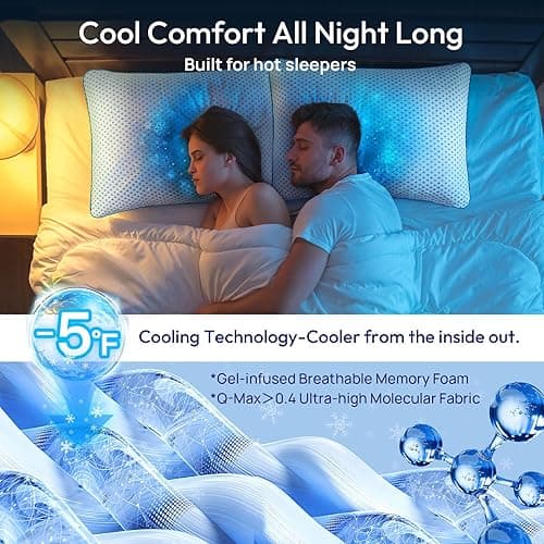 Adjustable Cooling Gel Memory Foam Pillows Queen Size for Sleeping 1 Pack,Firm Thick Bamboo Rayon Shredded Foam Bed Pillows for Side, Back, Stomach Sleepers Washable Breathable Pillowcase,College Dorm - White - Queen (Pack of 1) thumbnail 3