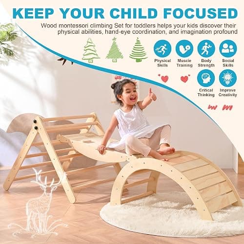OLLIKIVI Pikler Triangle Set with Cushion, Indoor Climbing Toy Set for Toddlers, Montessori Foldable Indoor Playground, Wodden Jungle Gym with Ramp and Arch Climber for 1-6 Years Old Kids thumbnail 5
