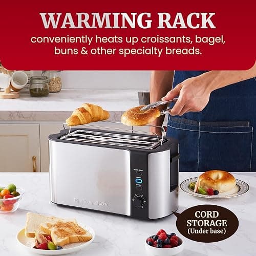 Elite Gourmet ECT-3100 Long Slot 4 Slice Toaster, Reheat, 6 Toast Settings, Defrost, Cancel Functions, Built-in Warming Rack, Extra Wide Slots for Bagels & Waffles, Stainless Steel & Black thumbnail 6