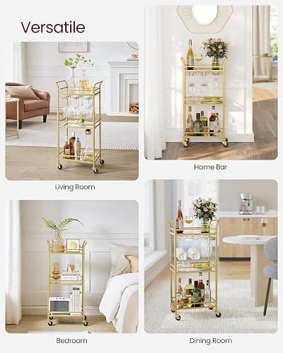 VASAGLE Bar Cart, Home Bar Serving Cart, Small Bar Serving Cart with 3-Tier Shelf, Wine Holders, Glass Holders, Mini Bar Cart for Small Spaces, Kitchen, Dining Room, Living Room, Pale Gold thumbnail 4