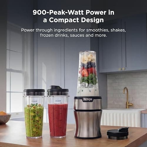 Ninja Nutri-Plus Personal Blender, 900PW, (3) 20oz Cups, Silver, BN301 | 900-peak-watt push-to-blend motor for smoothies & sauces. (3) 20-oz cups, 2 spout lids & storage lid. Dishwasher safe. thumbnail 4