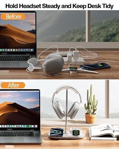 Universal Headphone Stand, Magnetic Wireless Charger for iPhones/AirPods/iWatch, Aluminum Alloy Rod, Leather Pad, ABS Solid Base, White thumbnail 5