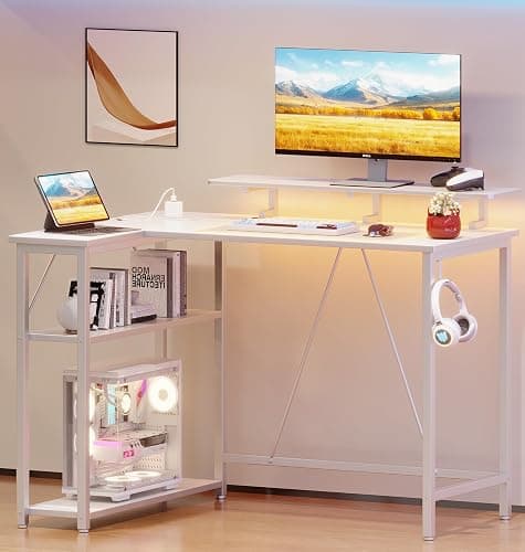 Xyphren L Shaped Gaming Desk with RGB LED Lights & Power Outlets, 120 * 80 cm Small Computer Desk with Adjustable Shelves, Corner Office Desk for Study Workstation, White thumbnail 5