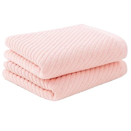 PiccoCasa Set of 2, Pink Ribbed Hand Towels for Bathroom 13 x 29 Inch 100% Cotton Soft Absorbent Soft Feeling Fast Drying Towels Hotel Spa Towel Face Towel - Pink