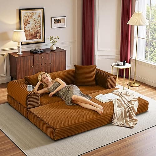KOPSEE Boneless Couch Versatile Couches for Living Room No-Install Sofa Bed Corduroy Futon Soft Cloud Couch with Pillows for Bedroom Game Movie (Orange) thumbnail 3