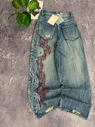 Xojbzoo Unisex Y2K Streetwear Baggy Jeans Retro Totem Print Goth Pants High Waisted Wide Leg Harajuku Hip-Hop Style thumbnail 2