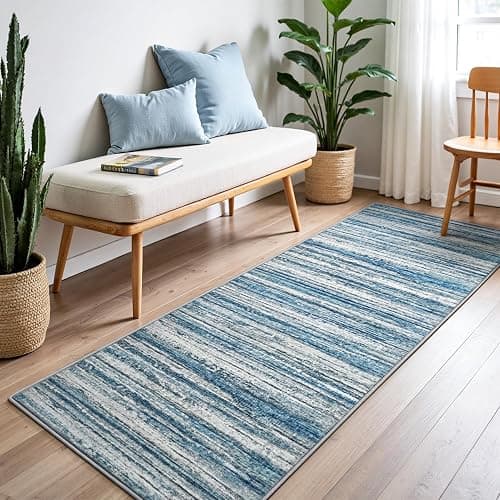 Chicrug 2x6 Blue Washable Runner Rug for Hallway Kitchen Entryway Non Slip | Striped Abstract Long Runners Rugs for Bedroom, 6ft Low Pile Floor Carpet Runner for Bedside Dorm Laundry Room thumbnail 4