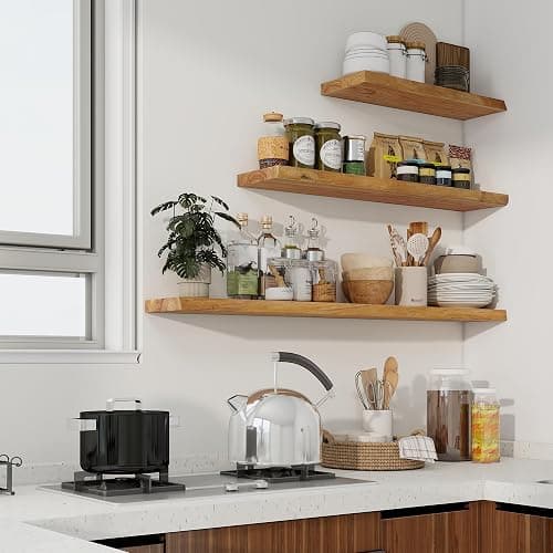 Axeman 36 inch Floating Shelves for Wall - 8'' D Live Edge Rustic Solid Elm Wood Floating Shelves Wall Mounted, Wall Shelves with Invisible Bracket for Living Room Bedroom Kitchen, Set of 2 Natural thumbnail 6