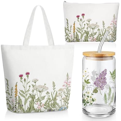 FoldTier 3 Pcs Plant Lover Gifts Spring Aesthetic Valentines Gifts for Women Mom Grandma, Floral Canvas Tote Bag, 16 oz Coffee Cup with Straw Lid, Makeup Bag for Baby Shower, Wedding(White,Flower) - Image 1