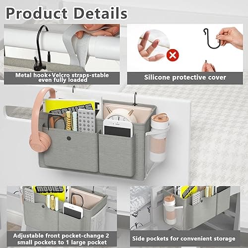 Edudif Bedside Caddy Bedside Organizer with Fixed Straps & Water Bottle Holder, Bunk Bed Caddy ideal for Home, Dorm, Hospital, Crib, Versatile Bedside Storage Solution (Grey) thumbnail 6