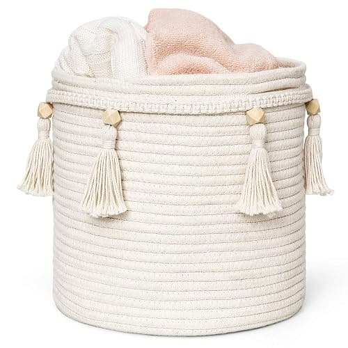 Mkono Macrame Decorative Cotton Rope Basket Boho Cute Woven Tassel Closet Storage Bins Organizer for Nursery,Baby Toys,Magazines, Potted Plants Cover,Living Room,Bedroom,Home Decor 11"x11",Small - s - Image 1