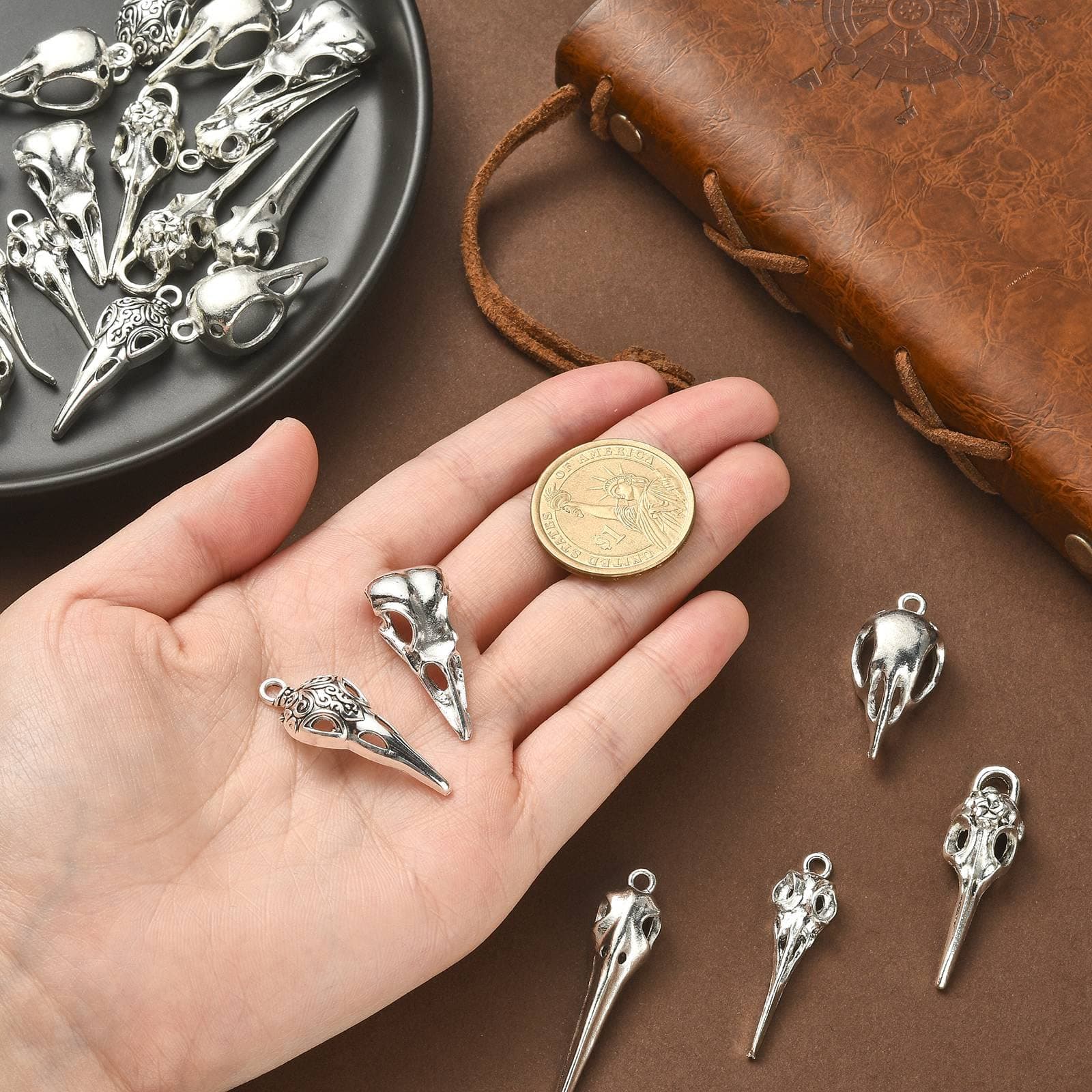 UR URLIFEHALL Assorted Magic Tibetan Style Metal Charm Antique Silver Charms Pendants for DIY Craft Jewelry Making - 30pcs-31~43.5X10~15X6~10mm-raven skull charms thumbnail 3