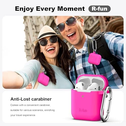 R-fun for AirPod 2nd Generation Case Cover, Soft Silicone Protective Cover with Keychain for Women Men Compatible with AirPod 2nd 1st Generation Charging Case, Front LED Visible-Rose Pink thumbnail 2