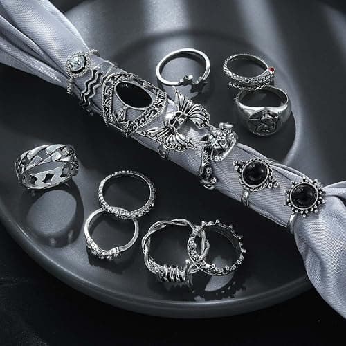 17IF 26-35 Pcs Vintage Silver Knuckle Rings Set for Women Men, Grunge Gothic Rings Chunky Aesthetic Snake Stackable Adjustable Punk Bulky Finger Alt Fairy Skull Frog Heart Star Flower Midi Ring Pack thumbnail 3