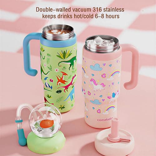 Como bebe Insulated Whale Fountain Sippy Cup, 24 oz 316 food-grade Stainless Leak-Proof Straw,Tumbler with Handle, Fits Car Cup Holders. 2 types lids for Kids, Teens & Adults V3.0 (Green dinosaur) thumbnail 7