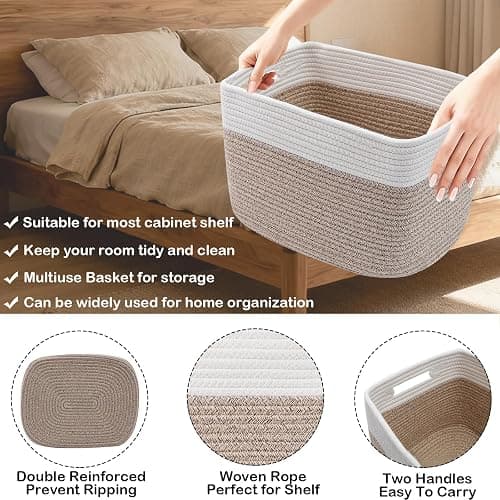 HZFTJOY 3 Pack Woven Baskets,Storage Baskets for Shelves with Handles | 13.5"×11"×9.5" Closet Baskets, Nursery Organizer for Toys Towels Books, Storage Bin for Living Room Bedroom (White&Brown) thumbnail 3