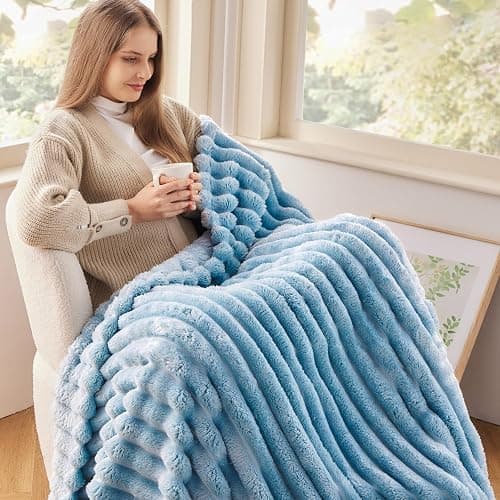 NEWCOSPLAY Super Soft Throw Blanket Blue Premium Silky Flannel Fleece 3D Ribbed Jacquard Lightweight Bed Blanket All Season Use (Blue Ribbed, Throw(50"x60")) thumbnail 2