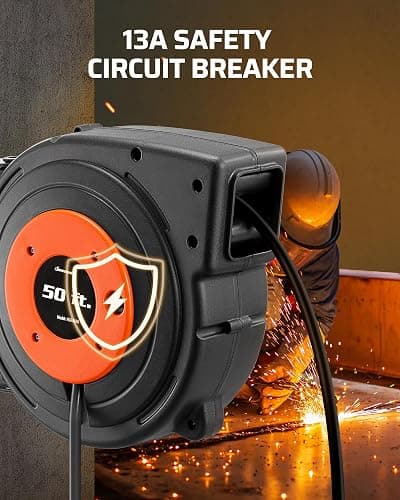 DEWENWILS Retractable Extension Cord Reel, 50 FT Heavy Duty Power Cord, 14AWG/3C SJTOW, 3 Grounded Outlets Lighted Triple Tap, 13 Amp Circuit Breaker, UL Listed thumbnail 5