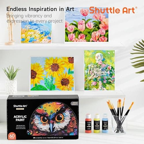 72 Pack Acrylic Paint Set, Shuttle Art 60 Colors Acrylic Paint Including Extra White Black & 12 Brushes, 2oz/60ml, Rich Pigmented, Water Proof, Ideal for Artists, Beginners on Canvas Rock Wood Ceramic thumbnail 7