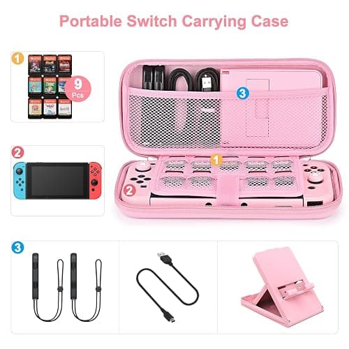Younik Switch Accessories Bundle, 17 in 1 Pink Switch Accessories Kit for Girls Include Switch Carrying Case, Adjustable Stand, Protective Case for Switch Console & J-Con Pink thumbnail 2