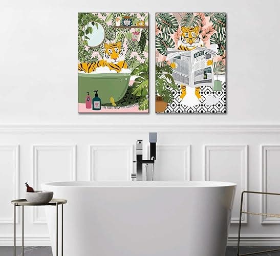 2Pcs Fun Bathtub Animals Bathroom Canvas Wall art Maximalist Tropical Botanical Tiger Reading Newspaper on Toilet Painting Pictures Wall Decor Eclectic Jungle Toilet Poster Print Artwork - bathroom - 12x16in Canvas thumbnail 2