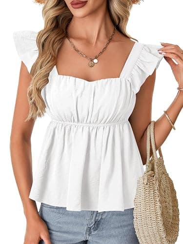 Rooscier Women's Square Neck Ruffle Cap Sleeve Ruched Peplum Babydoll Blouse Tank Tops - Image 1