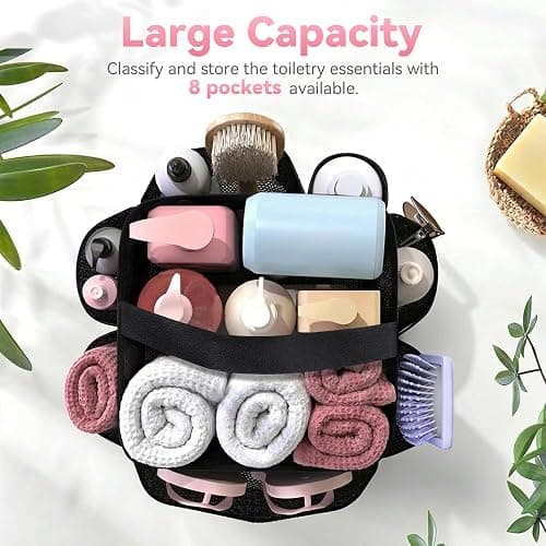 YASONIC Mesh Shower Caddy Portable for Dorm College Room Essentials, 8-Pocket Large Shower Bag with Single Handles, Hanging Shower Basket for Beach, Swimming, Bathroom, Beach, Black thumbnail 7
