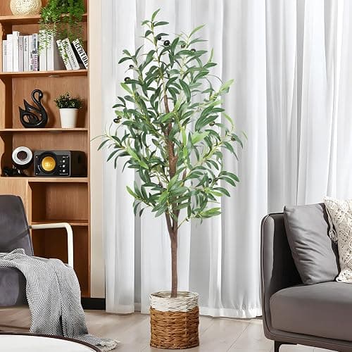 CETRD Artificial Olive Tree, 4FT Tall Faux Olive Trees 48in Outdoor Fake Potted Silk Plant with Trunk and Realistic 436 Leaves and 16 Fruits for Modern Office Home Decor（1pack） thumbnail 2
