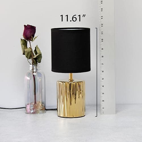 Simple Designs LT1132-GLD 11.61" Tall Contemporary Ruffled Metallic Gold Capsule Bedside Table Desk Lamp w Black Drum Fabric Shade for Home Decor, Bedroom, Living Room, Entryway, Office thumbnail 5