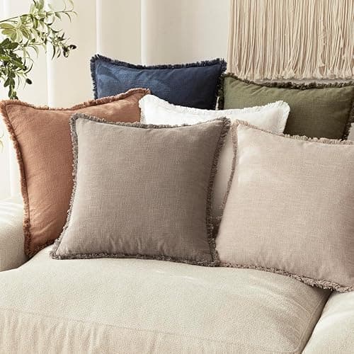 Foindtower Set of 2 Decorative Linen Fringe Throw Pillow Covers Boho Farmhouse Cushion Cover with Tassels Soft Accent Pillowcase for Couch Chair Sofa Bed Living Room Home Decor,20×20 Inch,Brown Tan thumbnail 7