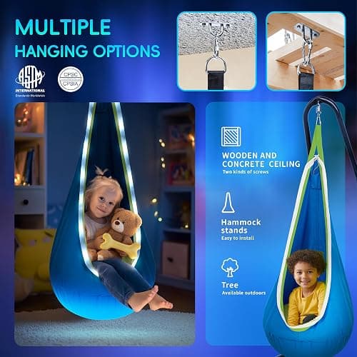 OUTREE Light Up Pod Swing Seat, Sensory Swing with LED Light, Cotton Kids Chair for Indoor and Outdoor, Hammock Chair Easy to Install, Blue thumbnail 5