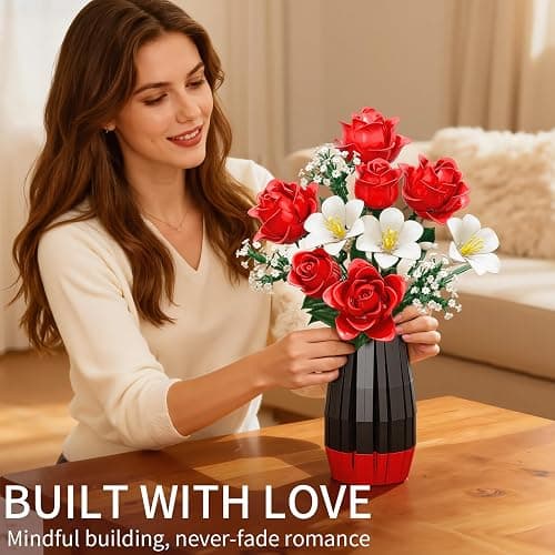 Roses Flower Bouquet Building Blocks Set with Vase, Women Men Teen Girls Gifts for Christmas, 1077PCS Botanical Collection Artificial Flowers Birthday Gifts for Her Him Wife Husband Mom Grandma Adults thumbnail 2