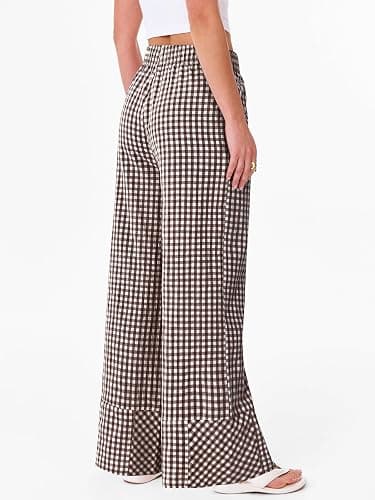 ANRABESS Womens Gingham Striped Wide Leg Palazzo Lounge Pants with Pockets | Checkered & Plaid PJ Pajama, Casual & Cute Boxer Bottoms, Elastic Waist Trousers with Pockets, Comfy Fall Outfits thumbnail 5