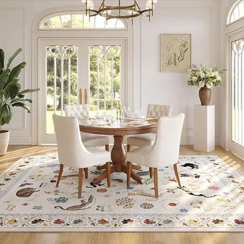 Rugcomf Living Room Rug 5x7 Rug Machine Washable Boho Area Rug Non Slip Floral Animal Cat Vintage Low Pile Large Rugs for Living Room Bedroom Farmhouse Dining Room Kids Playroom, Beige thumbnail 5