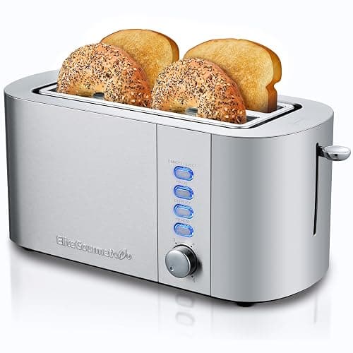 Elite Gourmet ECT4123X Long Slot 4 Slice Toaster, Extra Wide 1.5" and 5.1" Deep Slots, Bagel, Defrost & Cancel Functions, 6 Toast Shade Settings, Fits Bagels, Waffles, Artisan Breads, Stainless Steel - Image 1