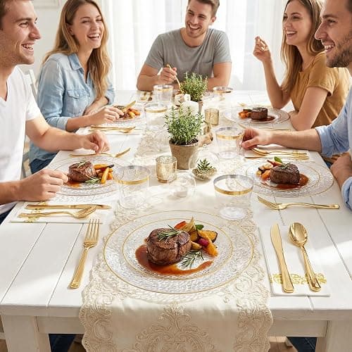 Rubtlamp 350 Pcs Clear Gold Plastic Plates, Hammered Disposable Dinnerware, Clear-Gold Plates Set Include 100 Plastic Platos, 150 Gold Disposable Silverware, 50 Cups And 50 Napkins for Party thumbnail 6